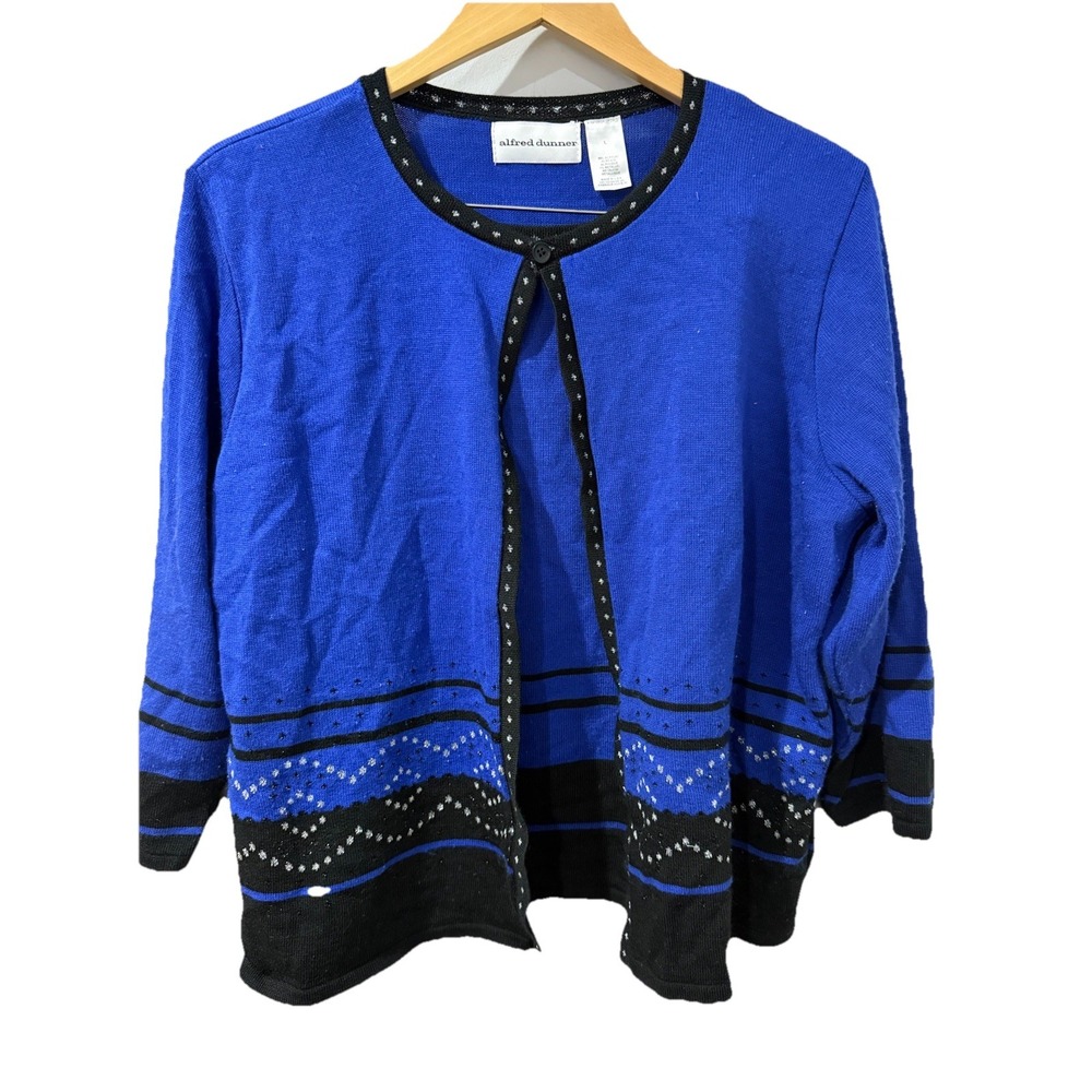 Alfred Dunner Blue & Black Pullover‎ Mock Layer  Knit Sweater Overlay Top Size L